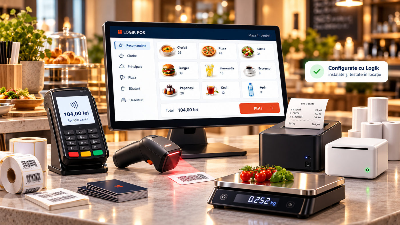 Echipamente Logik într-o cafenea: sistem POS, terminal de plată, imprimante, cititor de coduri de bare și cântar