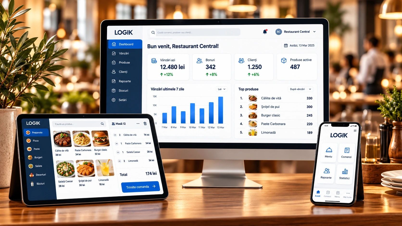Interfața Logik afișată pe monitor, terminal POS și telefon