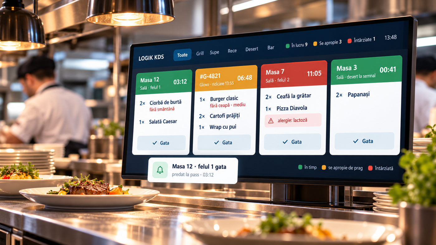 Logik KDS dashboard with orders displayed in the restaurant kitchen