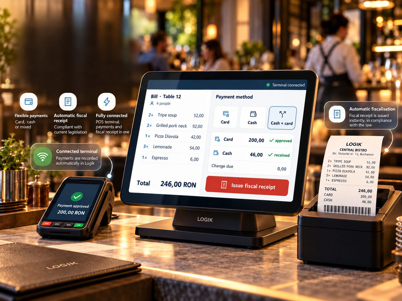 Logik payments and fiscal receipts: POS, card terminal and fiscal receipt