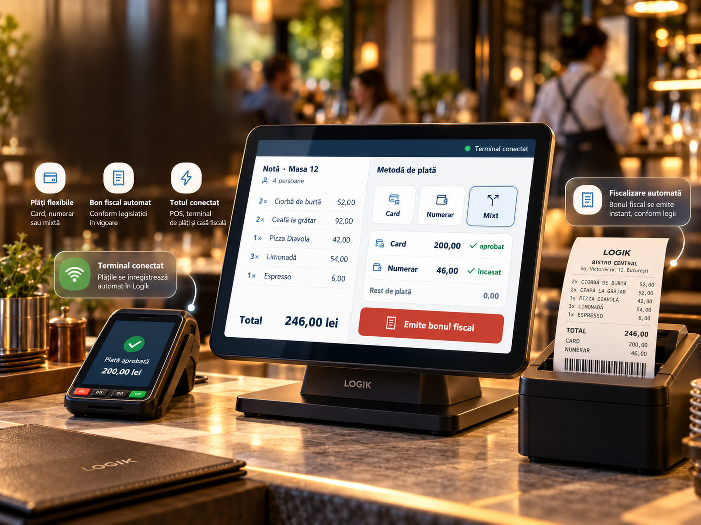Plăți și fiscalizare Logik: POS, terminal bancar și bon fiscal
