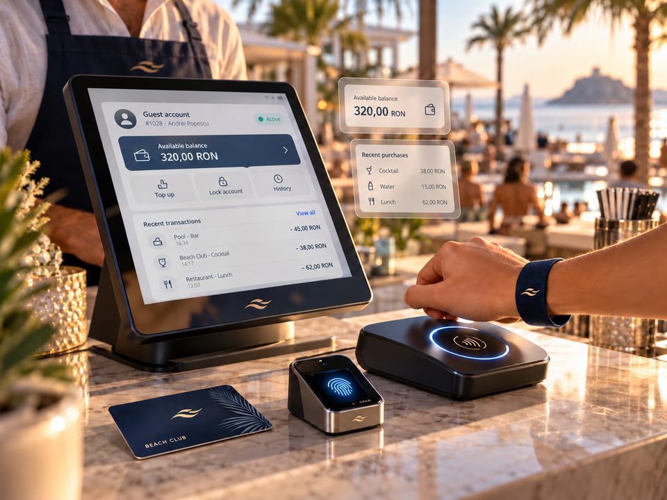 Cashless payment at a beach club: the guest account in Logik POS with balance, top-up, account lock and history, next to the RFID wristband reader, fingerprint reader and top-up card