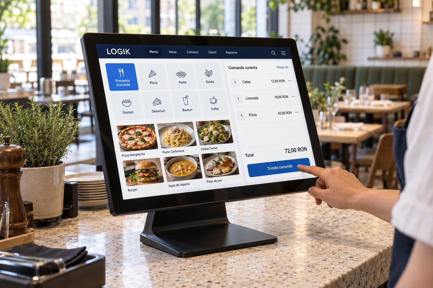 Terminal POS folosit la tejgheaua unui bistro, cu prețuri în RON