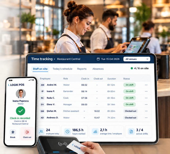 Time tracking in Logik POS: staff on site on the tablet, clock-in confirmed on the phone and the clock-in card