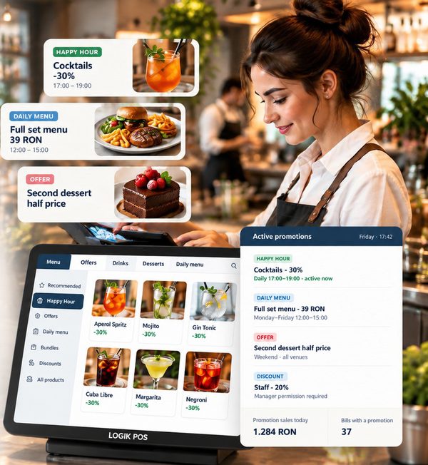 Promotions in Logik POS: happy hour, daily menu and second dessert at half price, applied automatically at the till